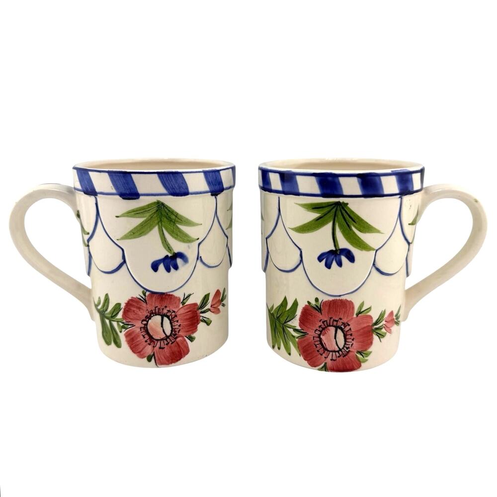 Fitz and Floyd FIT183 Hand Painted Floral Discontinued Ceramic Mugs Set of 2